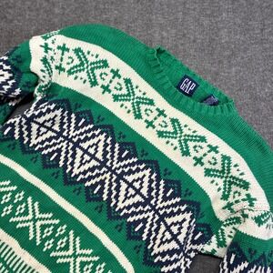Vintage Gap Fair Isle Sweater Mens Large Green White Blue Cotton Knit Style‎